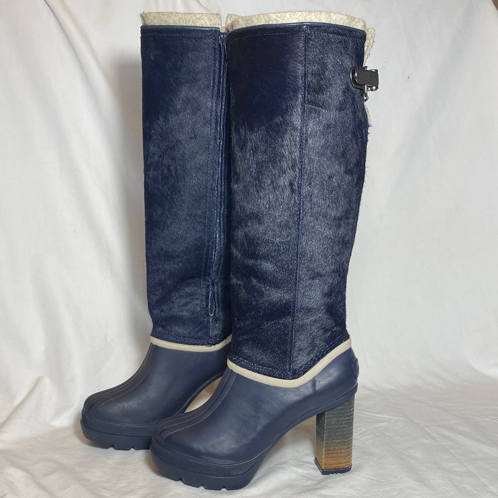Sorel Medina Navy Knee-High Rain/Snow Boots with Calf hide shaft. Women-6 NWOT